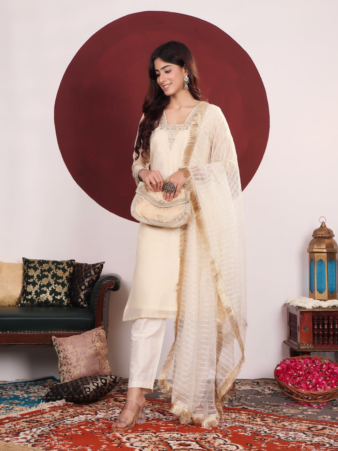 The Kurti Collection Women Off White Zari Embroidered And Sequinned Kurta Set With Dupatta