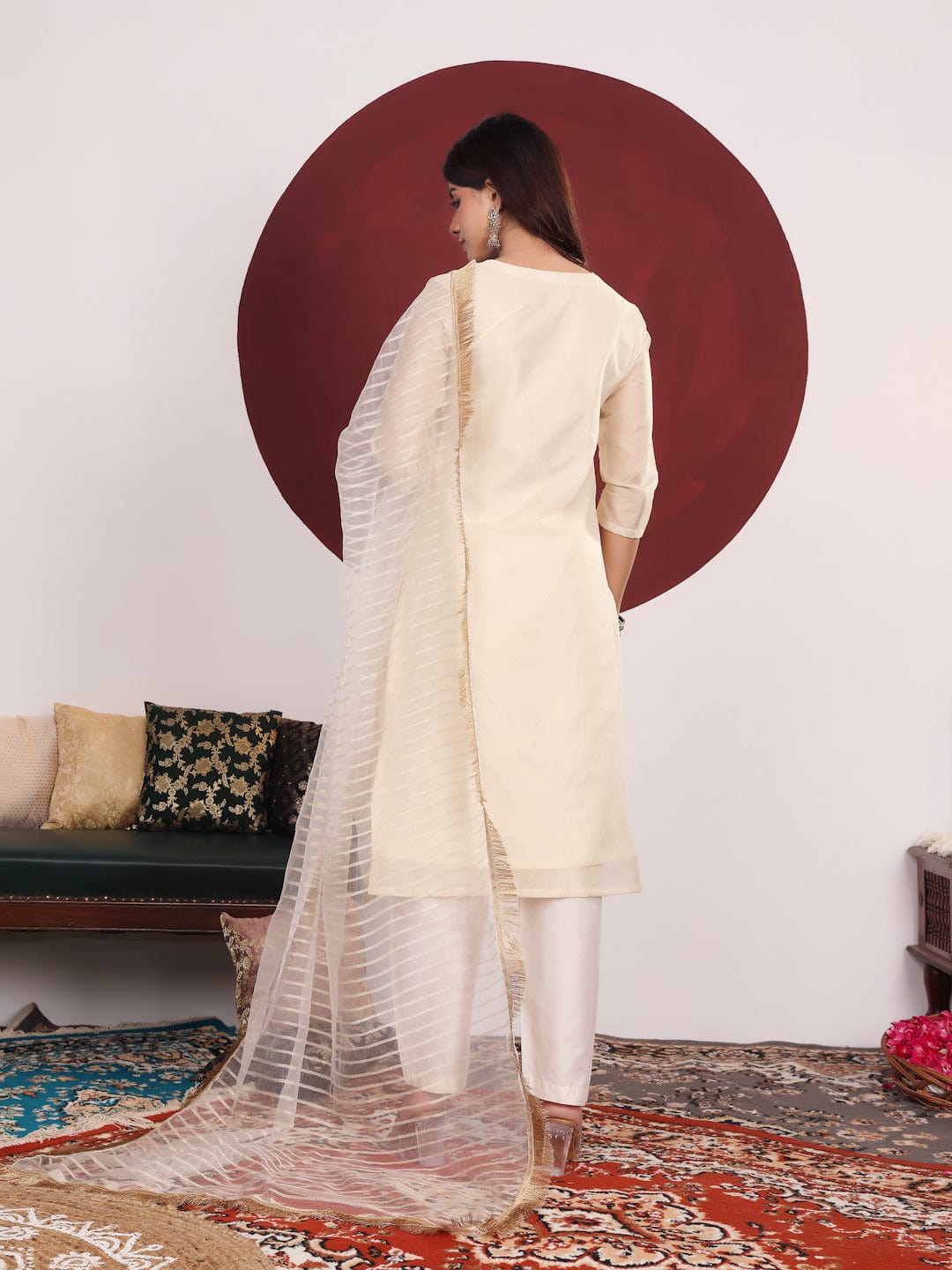 The Kurti Collection Women Off White Zari Embroidered And Sequinned Kurta Set With Dupatta