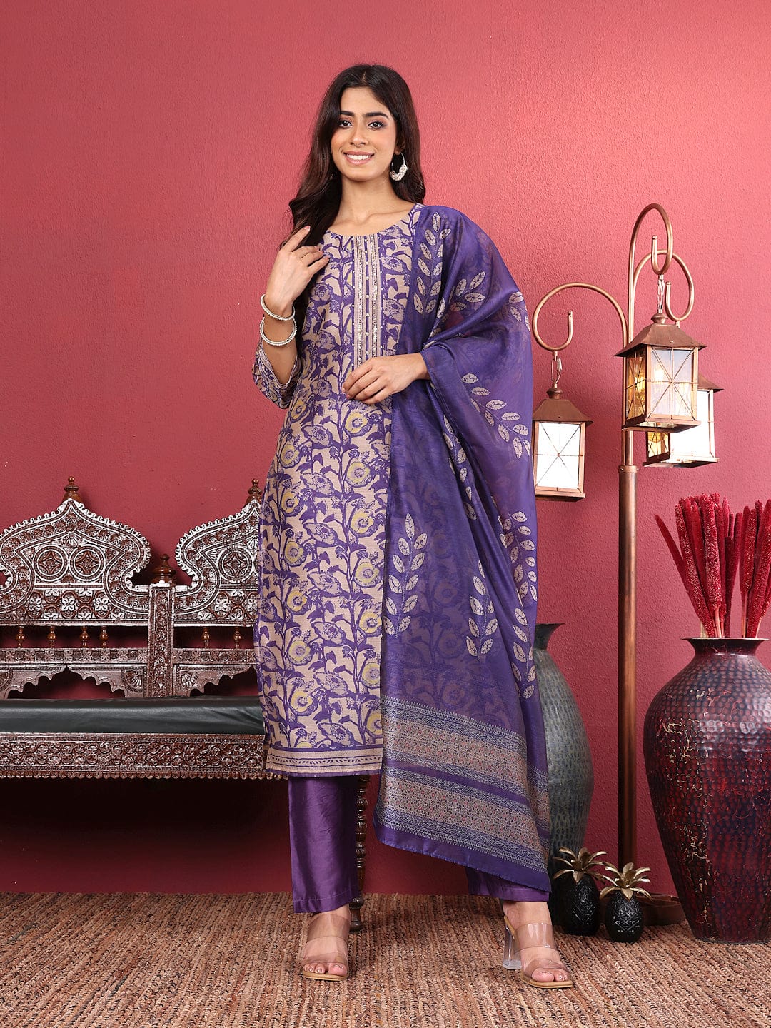 The Kurti Collection Women Purple Floral Printed Straight Kurta with Trousers and Printed Dupatta