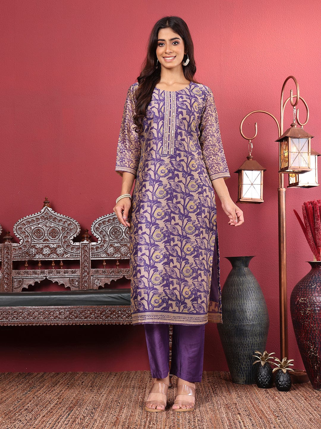 The Kurti Collection Women Purple Floral Printed Straight Kurta with Trousers and Printed Dupatta