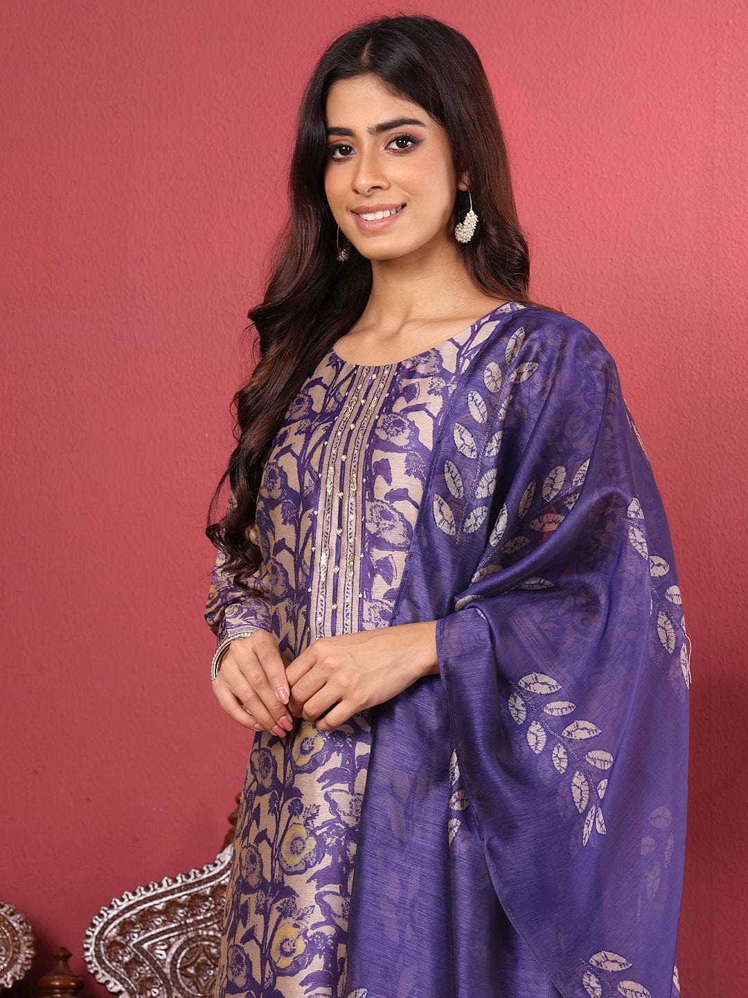 The Kurti Collection Women Purple Floral Printed Straight Kurta with Trousers and Printed Dupatta