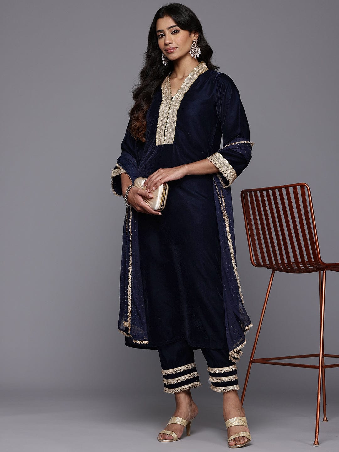 The Kurti Collection Women Navy Blue Straight Velvet Kurta Set with Dupatta