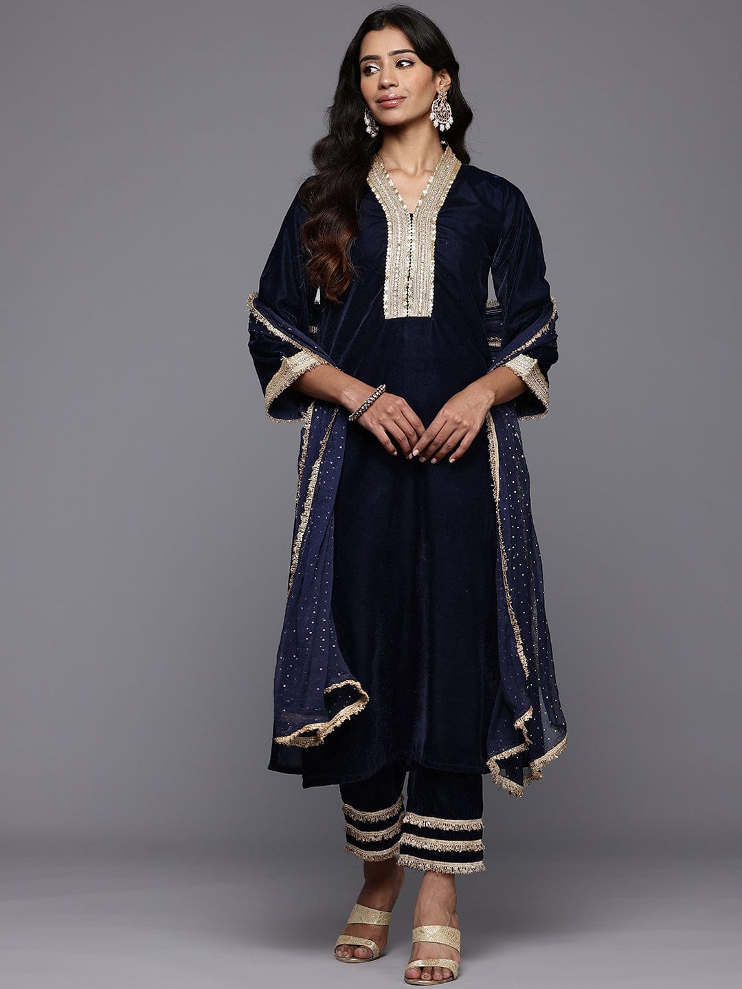 The Kurti Collection Women Navy Blue Straight Velvet Kurta Set with Dupatta