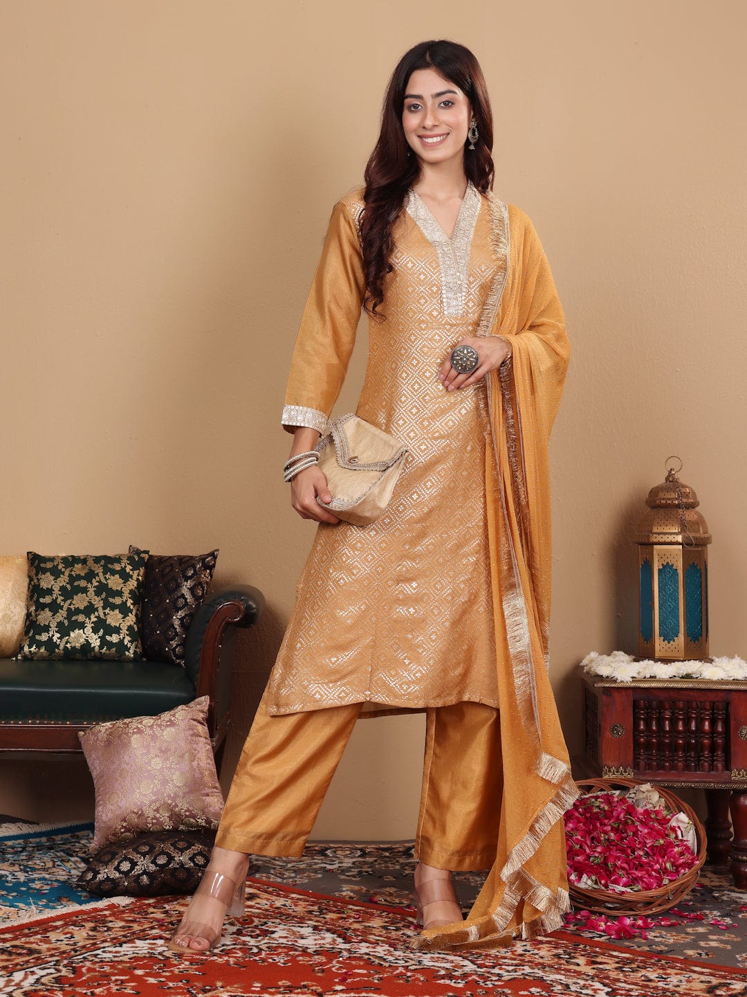 The Kurti Collection Women Beige Silk Brocade Straight Kurta with Trousers and Dupatta