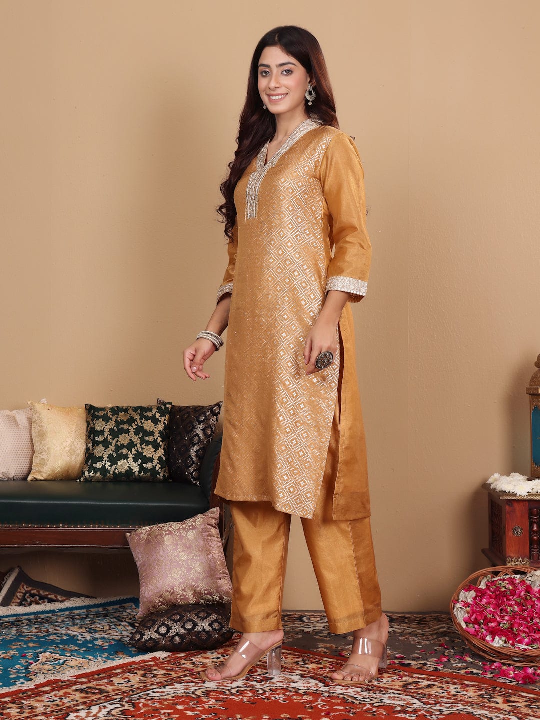 The Kurti Collection Women Beige Silk Brocade Straight Kurta with Trousers and Dupatta