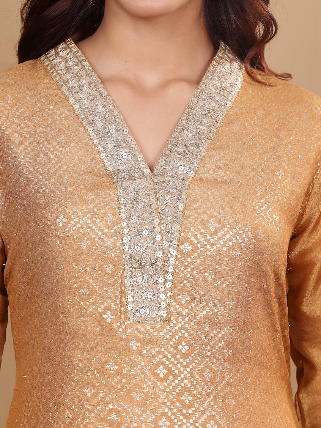 The Kurti Collection Women Beige Silk Brocade Straight Kurta with Trousers and Dupatta