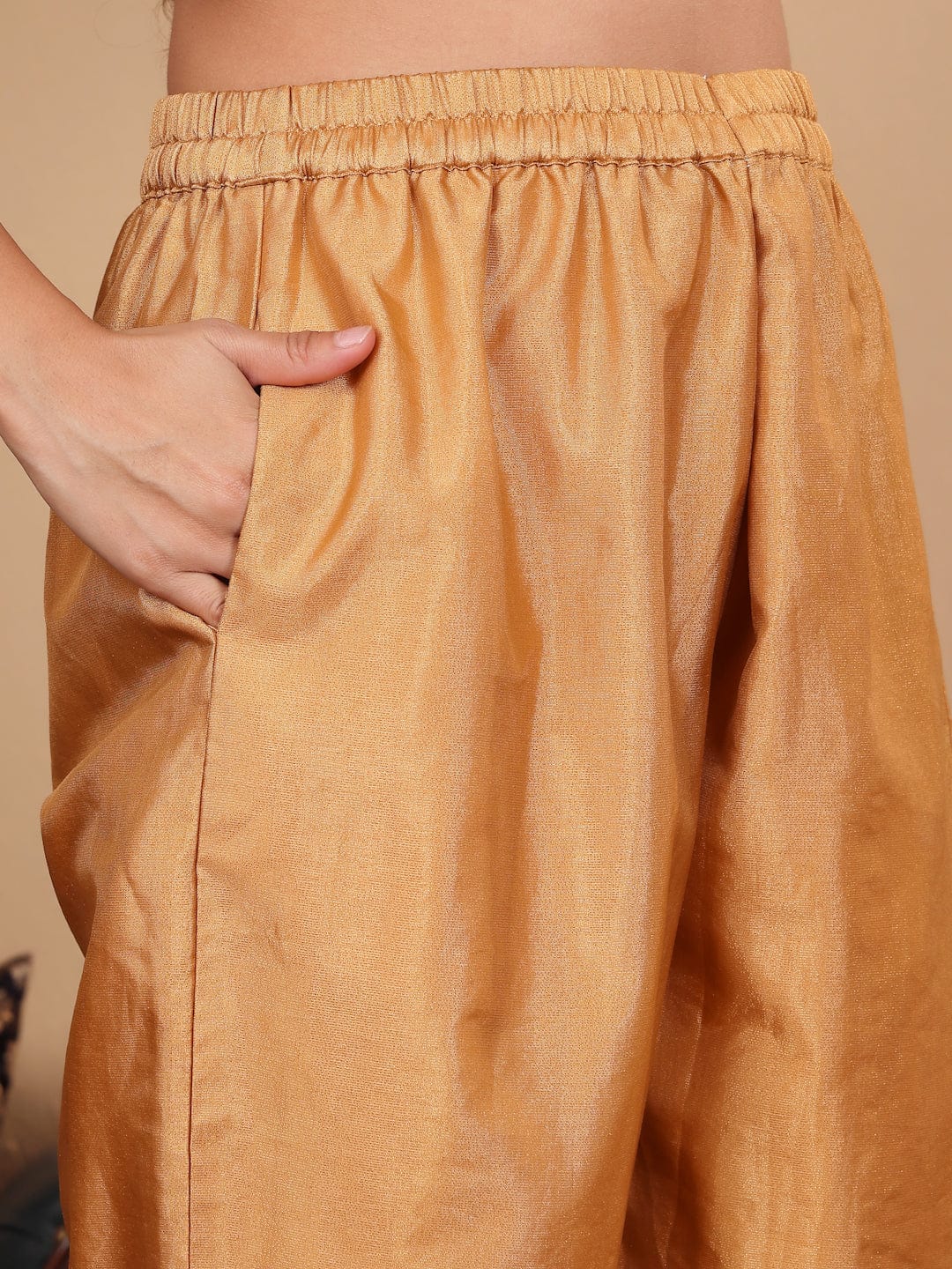 The Kurti Collection Women Beige Silk Brocade Straight Kurta with Trousers and Dupatta