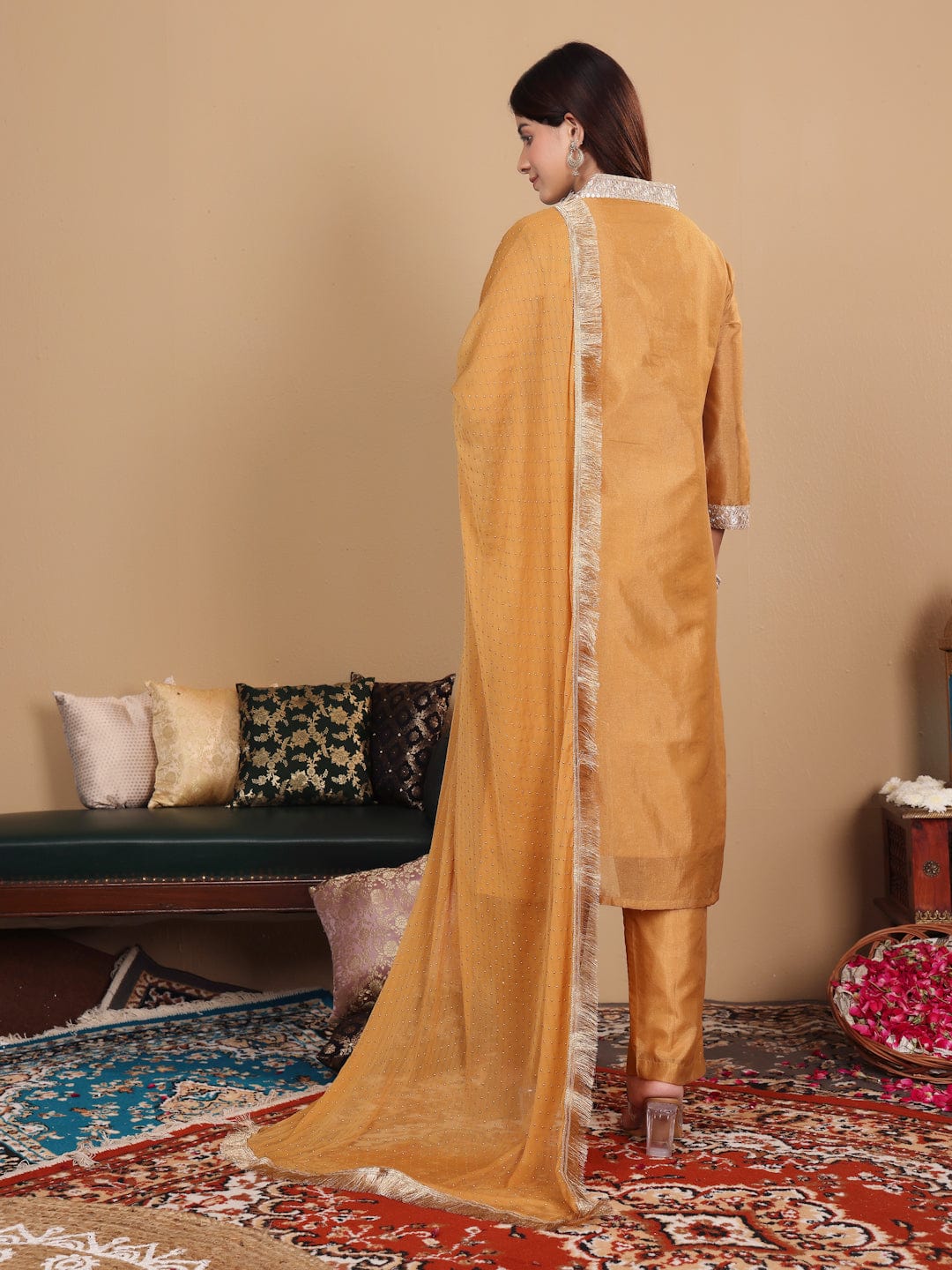 The Kurti Collection Women Beige Silk Brocade Straight Kurta with Trousers and Dupatta
