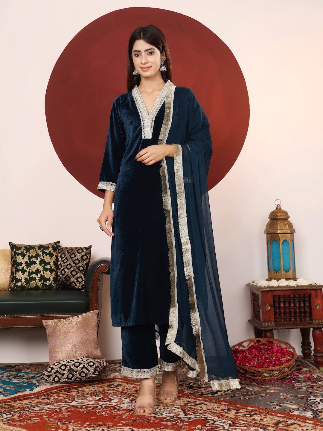 The Kurti Collection Women Zari Lace Detailed Velvet Kurta With Trouser And Dupatta.