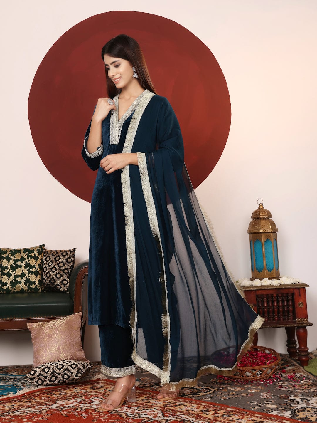 The Kurti Collection Women Zari Lace Detailed Velvet Kurta With Trouser And Dupatta.