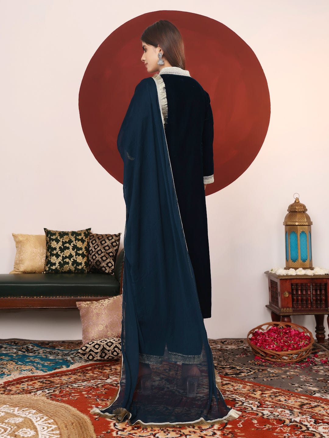 The Kurti Collection Women Zari Lace Detailed Velvet Kurta With Trouser And Dupatta.
