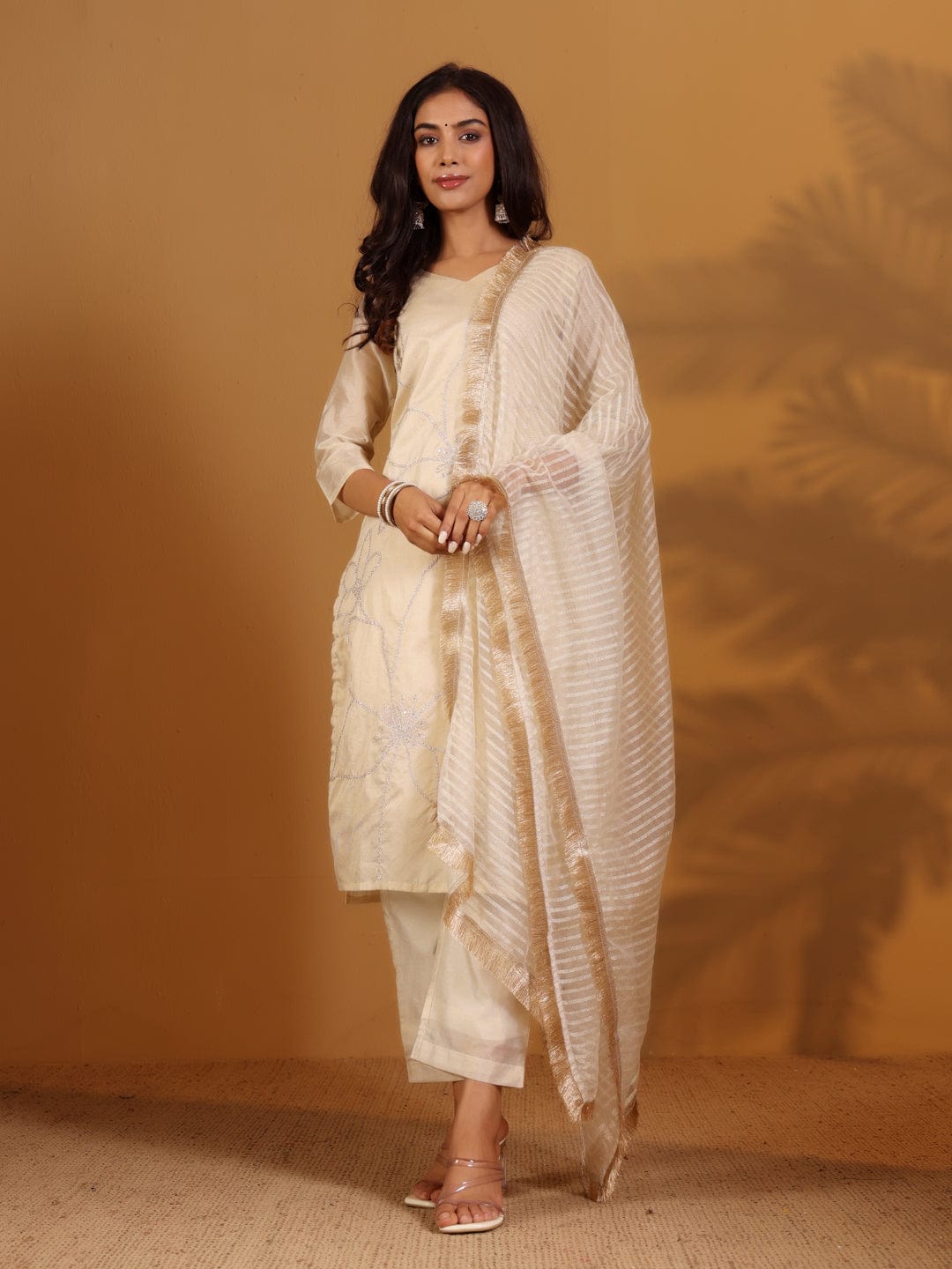 The Kurti Collection Women Zari Embroidered Shimmer Kurta With Trouser And Dupatta