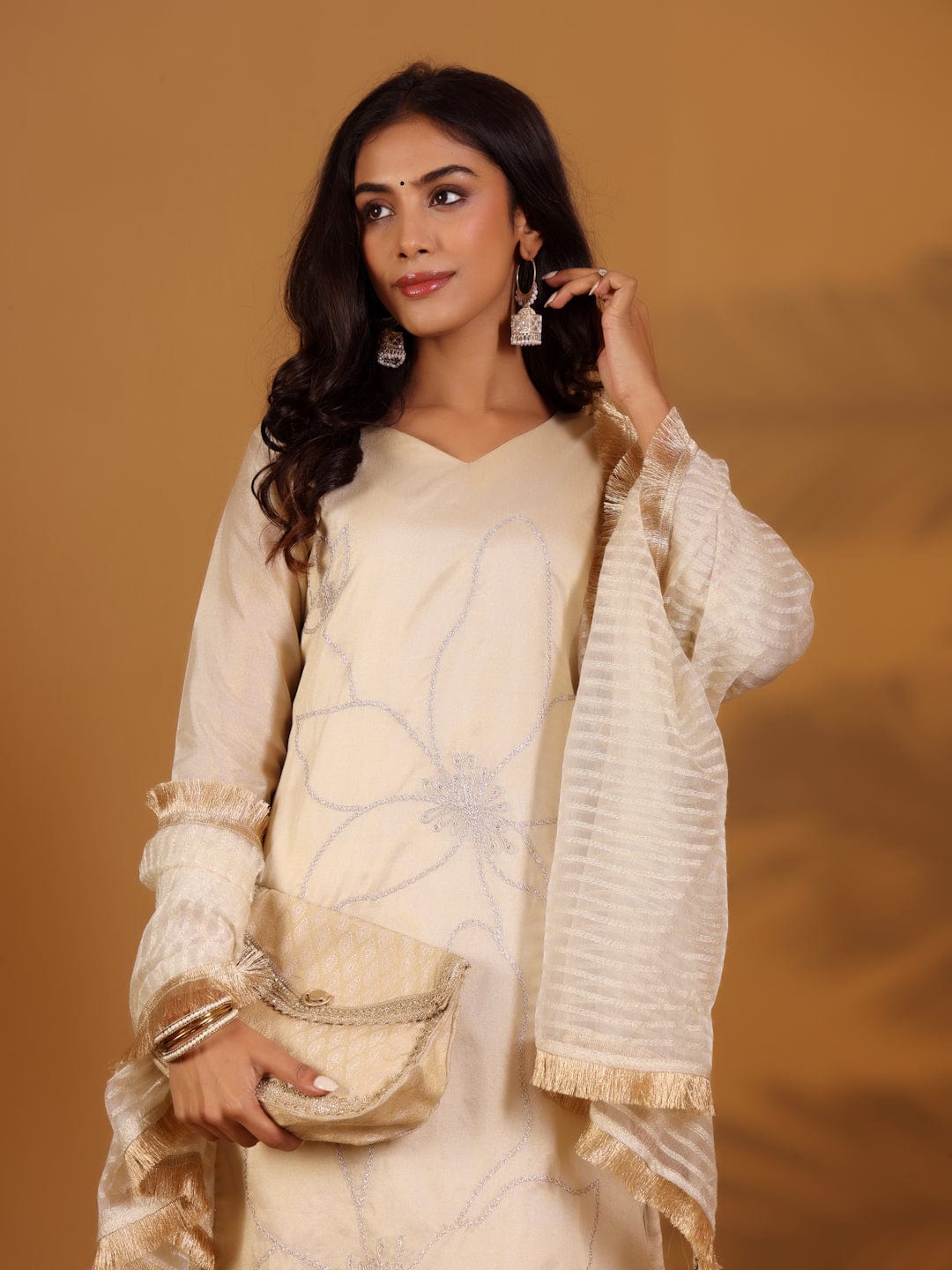 The Kurti Collection Women Zari Embroidered Shimmer Kurta With Trouser And Dupatta