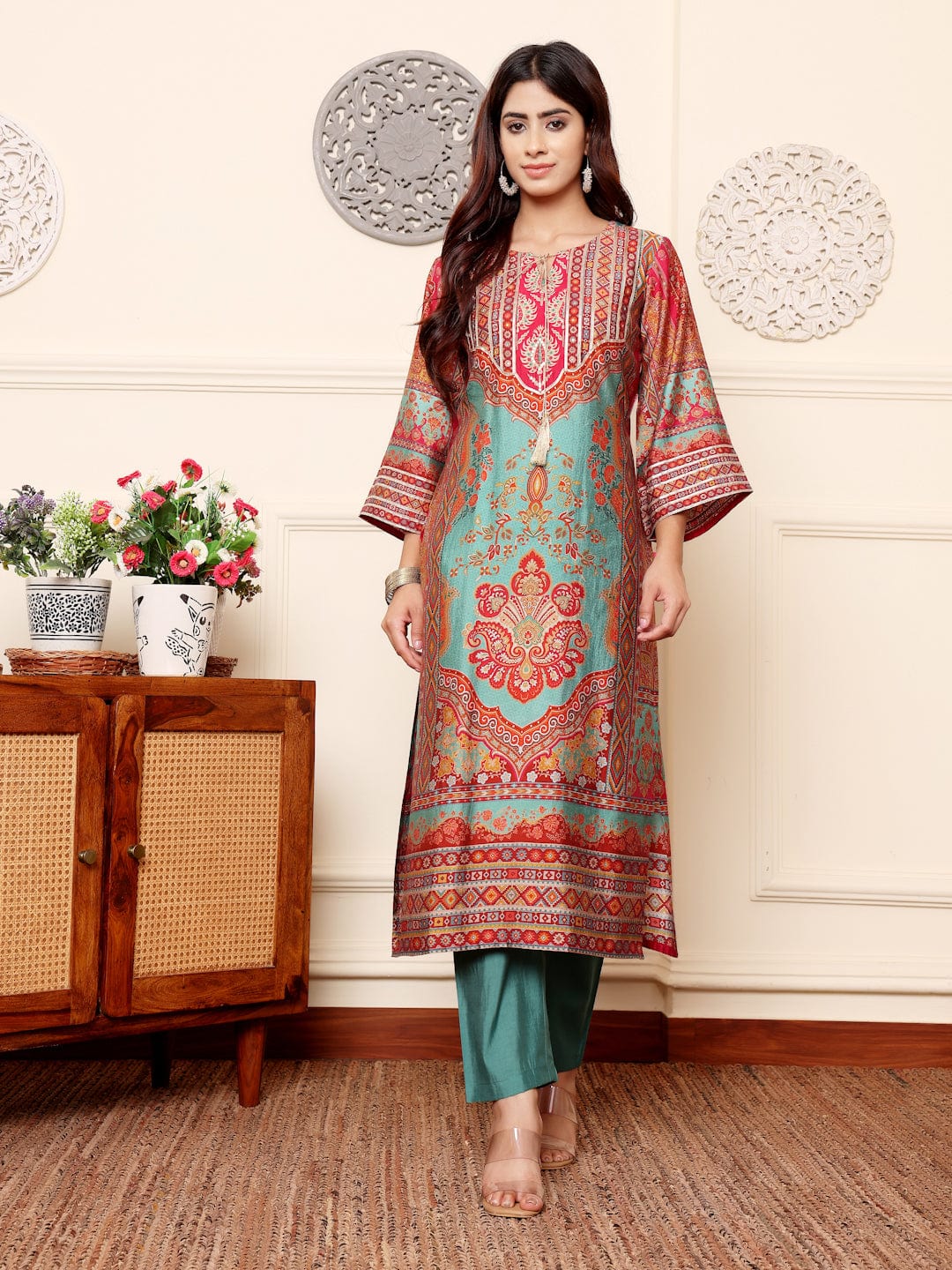 The Kurti Collection Women Turquoise Ethnic Printed Zari & Gota Lace Detailed Kurta With Solid Trouser & Dupatta