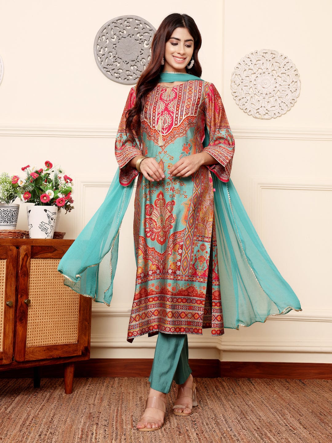 The Kurti Collection Women Turquoise Ethnic Printed Zari & Gota Lace Detailed Kurta With Solid Trouser & Dupatta