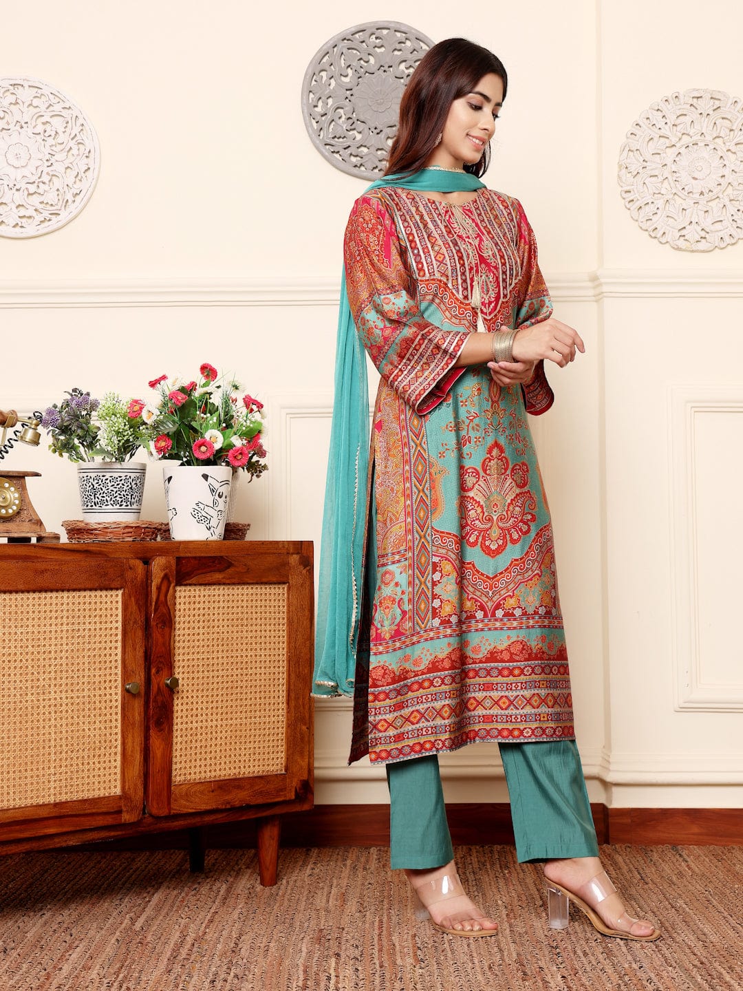 The Kurti Collection Women Turquoise Ethnic Printed Zari & Gota Lace Detailed Kurta With Solid Trouser & Dupatta