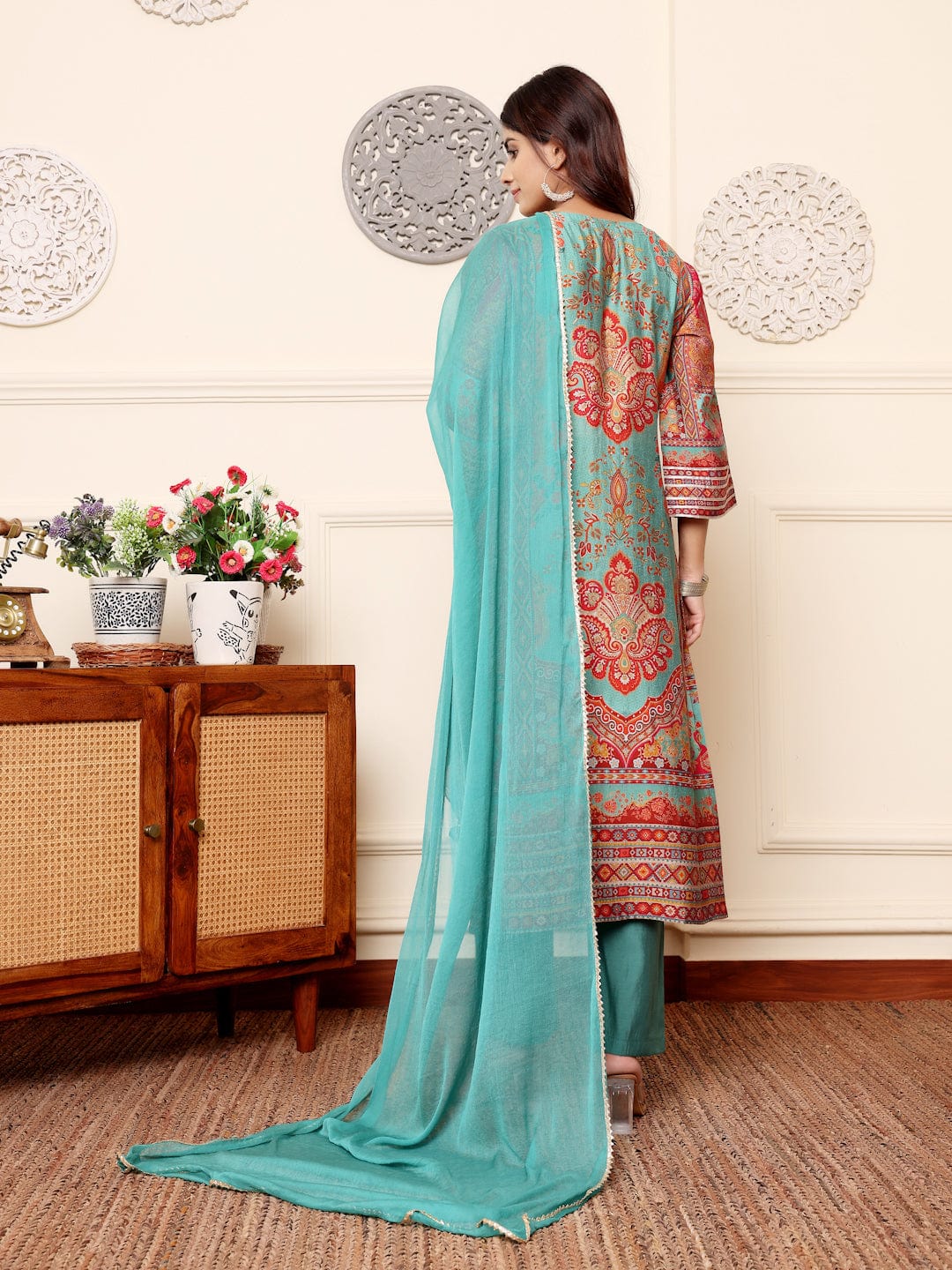 The Kurti Collection Women Turquoise Ethnic Printed Zari & Gota Lace Detailed Kurta With Solid Trouser & Dupatta