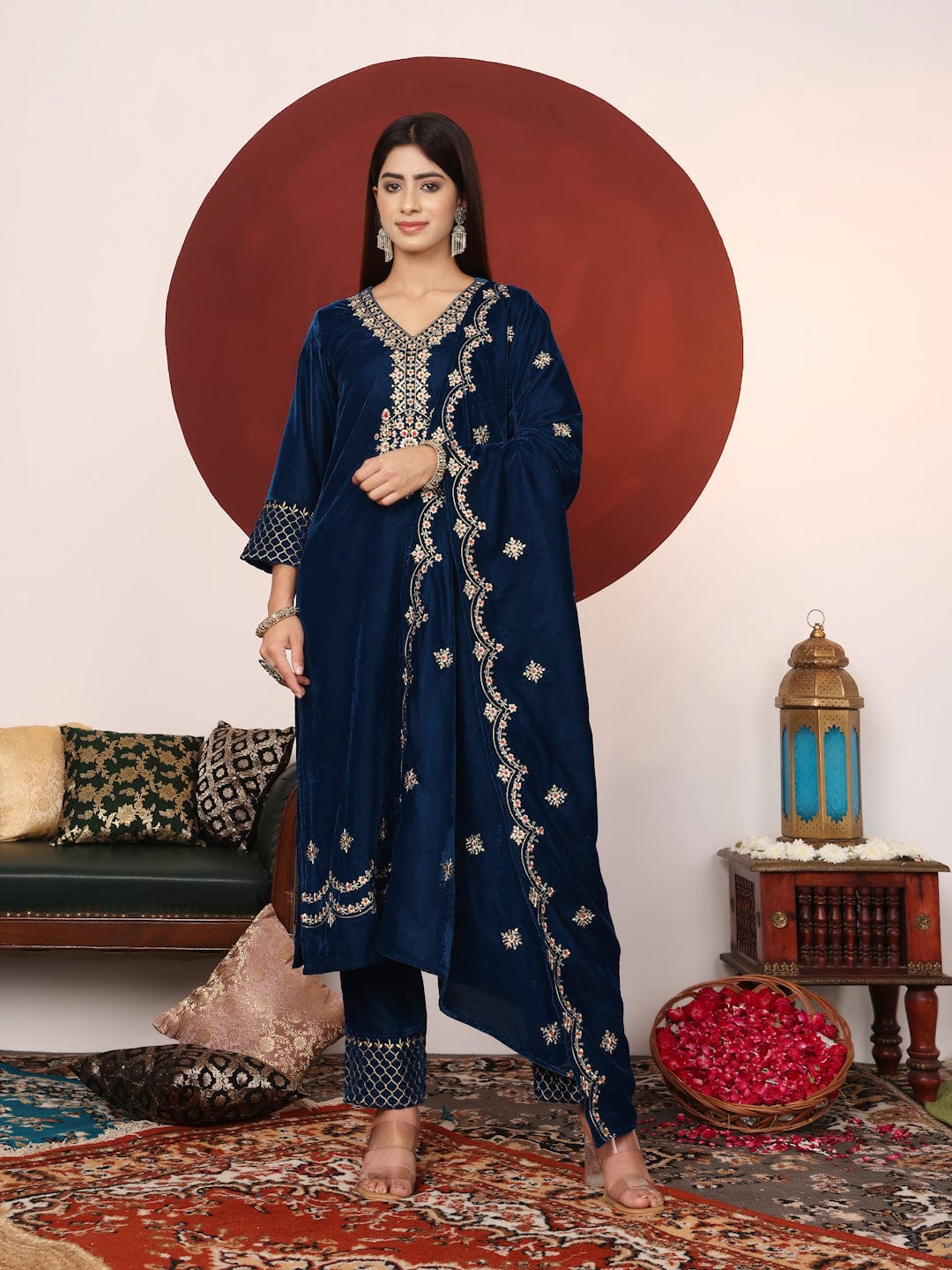 The Kurti Collection Women Teal Blue Zari Embroidered Velvet Straight Kurta With Trousers And Embroidered Dupatta