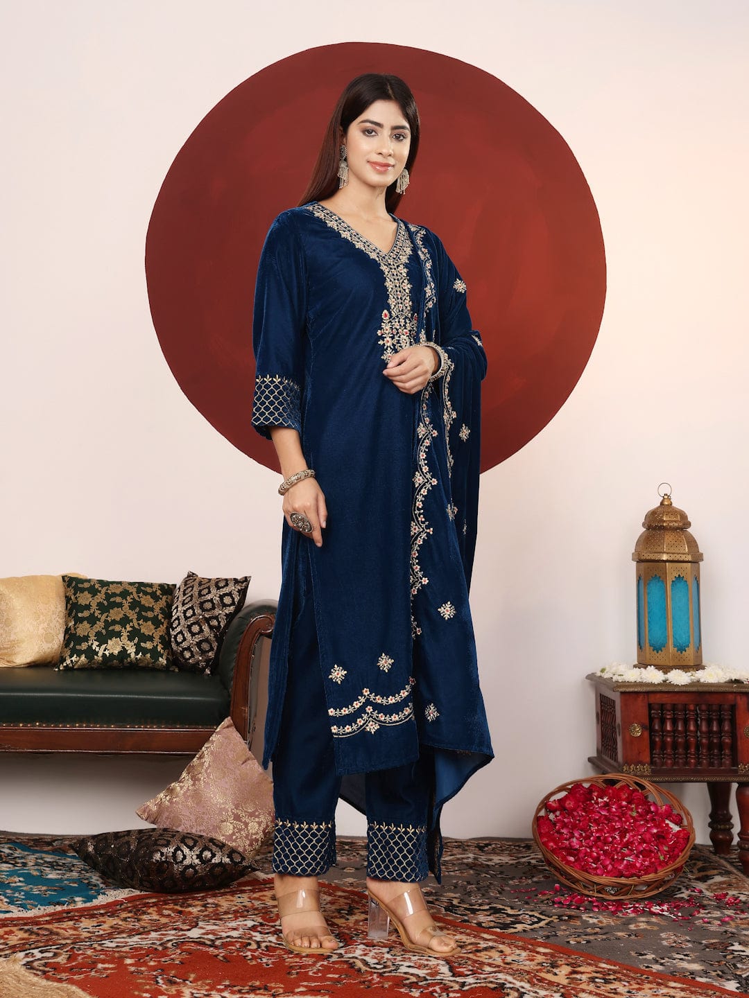 The Kurti Collection Women Teal Blue Zari Embroidered Velvet Straight Kurta With Trousers And Embroidered Dupatta