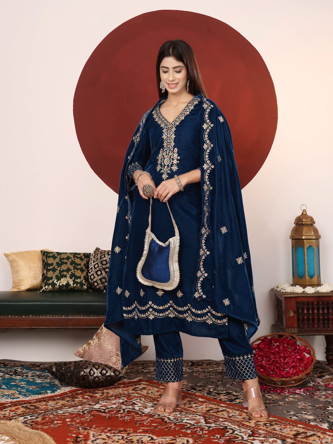 The Kurti Collection Women Teal Blue Zari Embroidered Velvet Straight Kurta With Trousers And Embroidered Dupatta