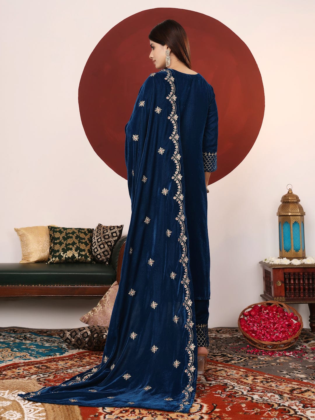 The Kurti Collection Women Teal Blue Zari Embroidered Velvet Straight Kurta With Trousers And Embroidered Dupatta