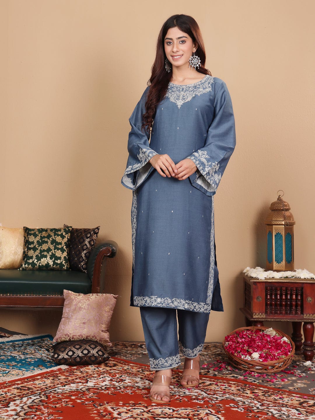 The Kurti Collection Women Grey Embroidered Straight Kurta With Bottom And Dupatta