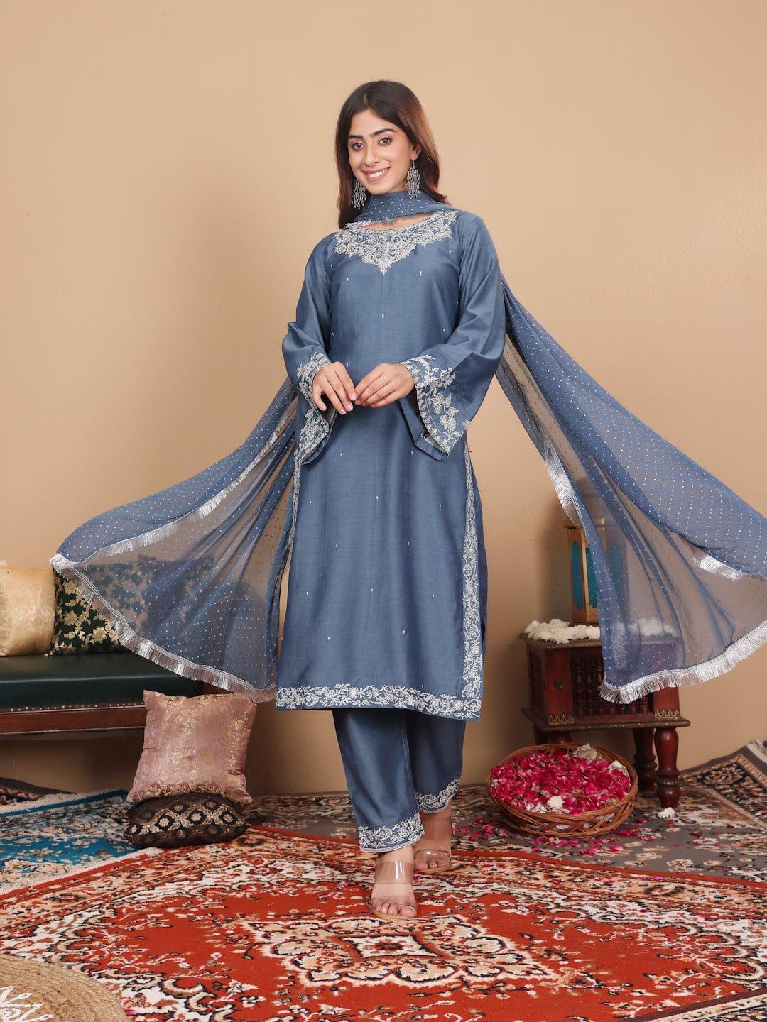 The Kurti Collection Women Grey Embroidered Straight Kurta With Bottom And Dupatta