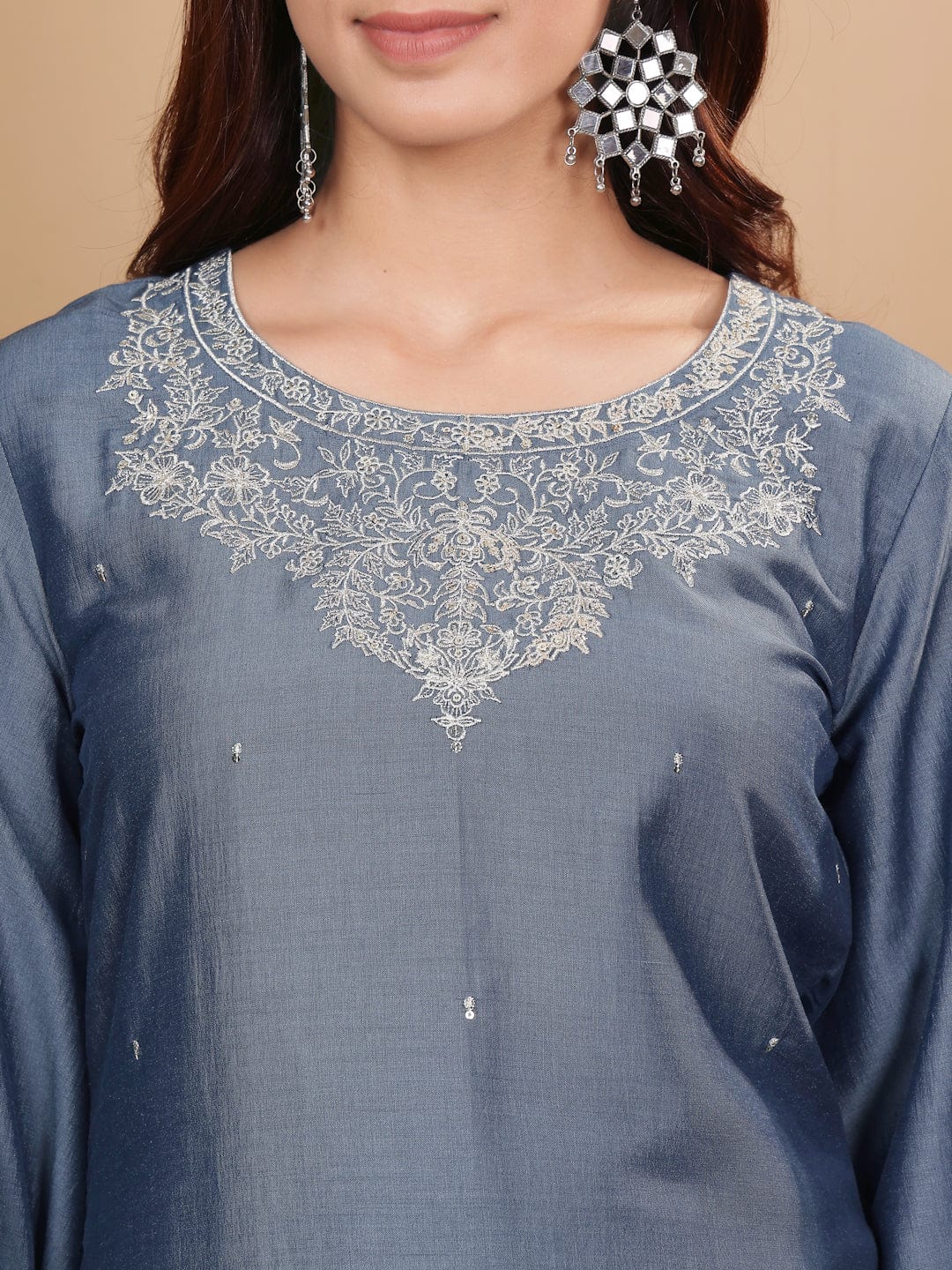 The Kurti Collection Women Grey Embroidered Straight Kurta With Bottom And Dupatta