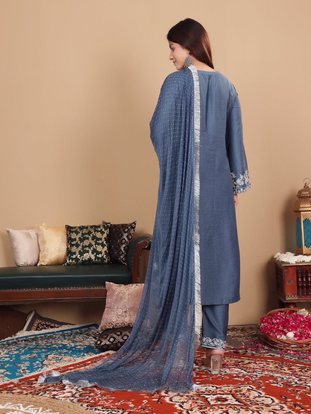 The Kurti Collection Women Grey Embroidered Straight Kurta With Bottom And Dupatta