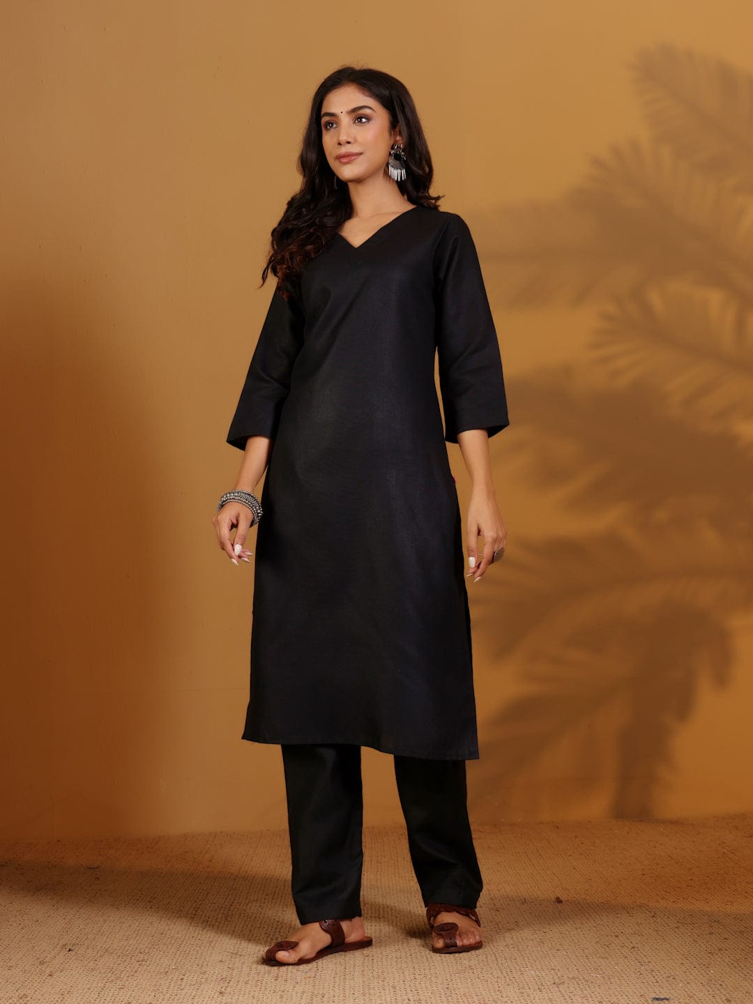 The Kurti Collection Women Solid Black V Neck Straight Kurta Set with Printed Dupatta