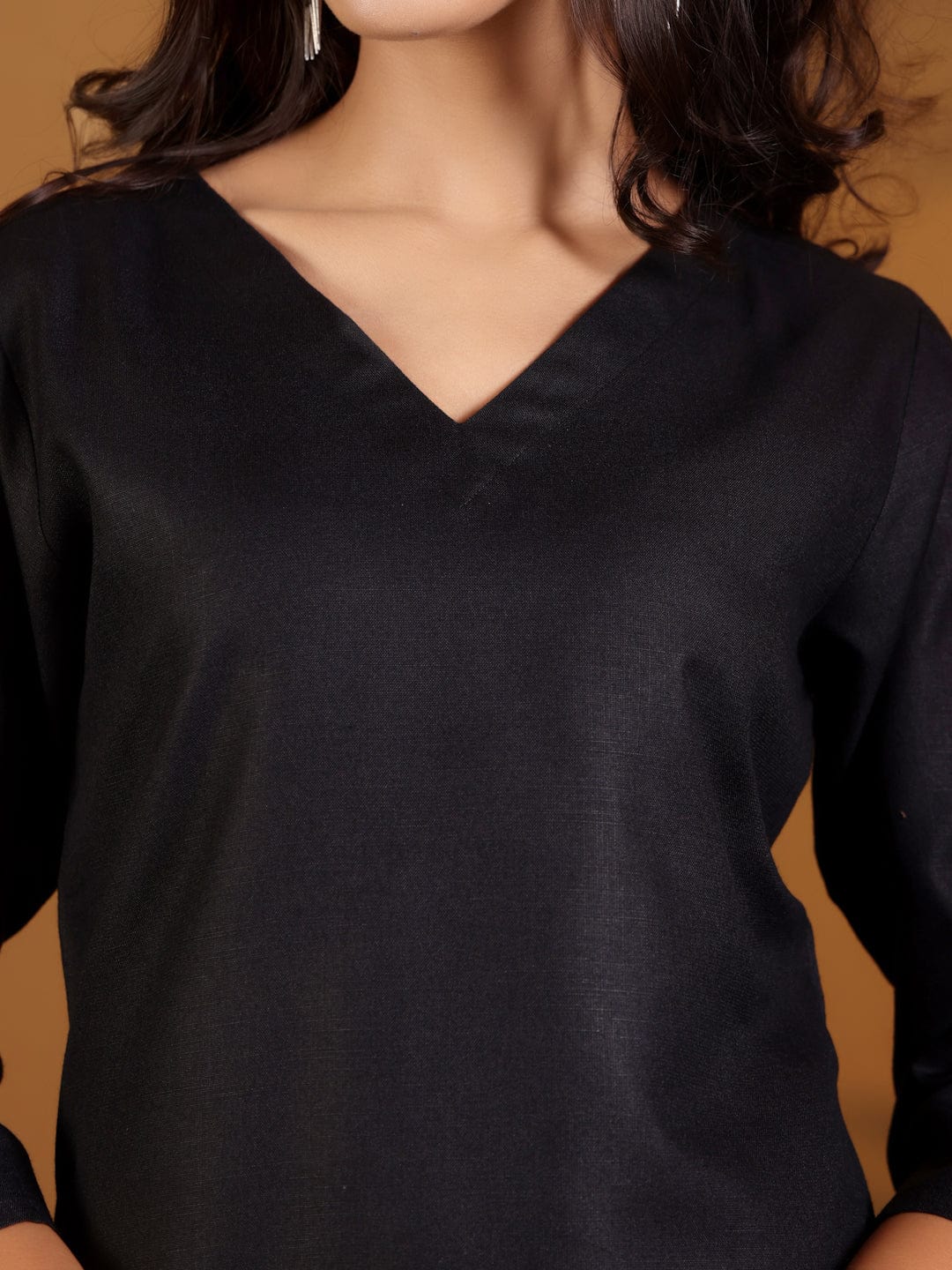 The Kurti Collection Women Solid Black V Neck Straight Kurta Set with Printed Dupatta