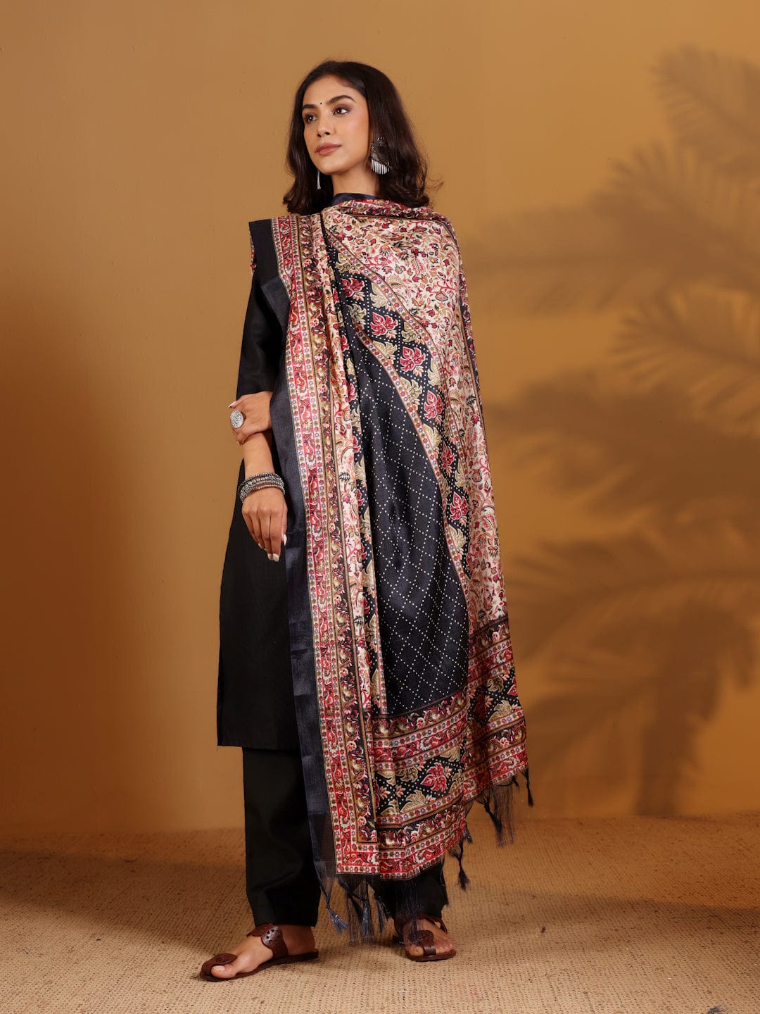 The Kurti Collection Women Solid Black V Neck Straight Kurta Set with Printed Dupatta