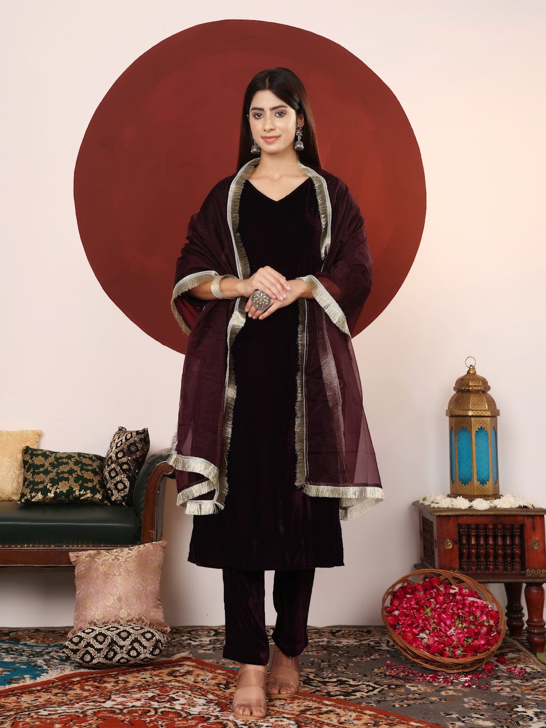The Kurti Collection Women V Neck Lace Detailed Velvet Kurta With Tonal Bottom And Dupatta.