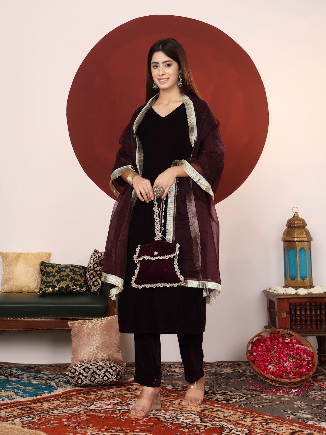 The Kurti Collection Women V Neck Lace Detailed Velvet Kurta With Tonal Bottom And Dupatta.