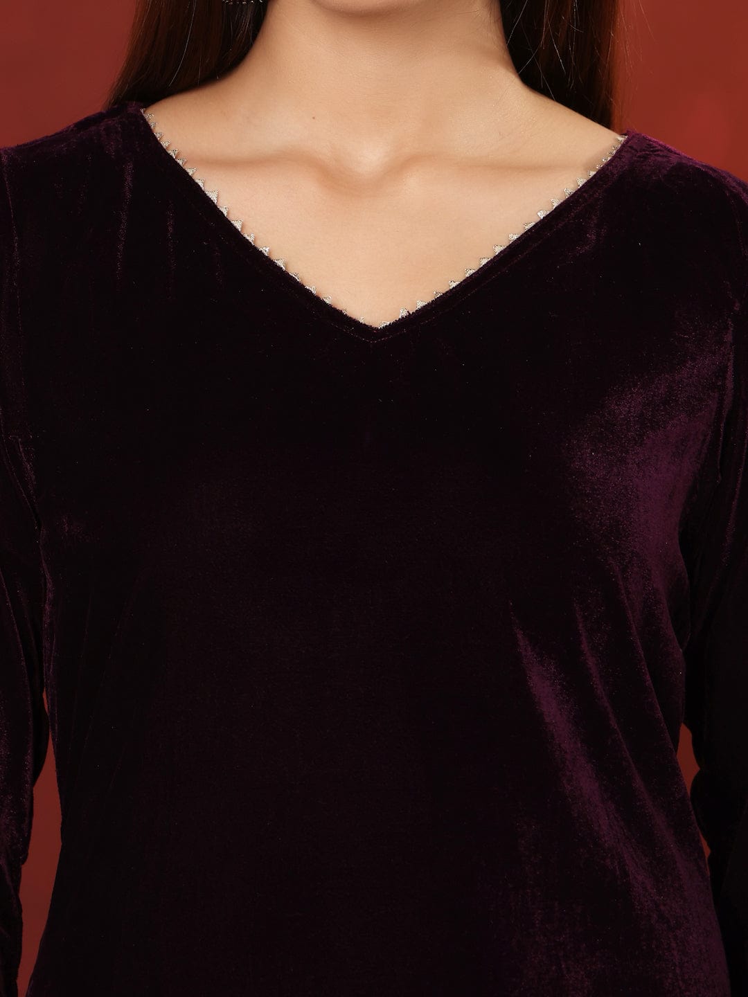 The Kurti Collection Women V Neck Lace Detailed Velvet Kurta With Tonal Bottom And Dupatta.