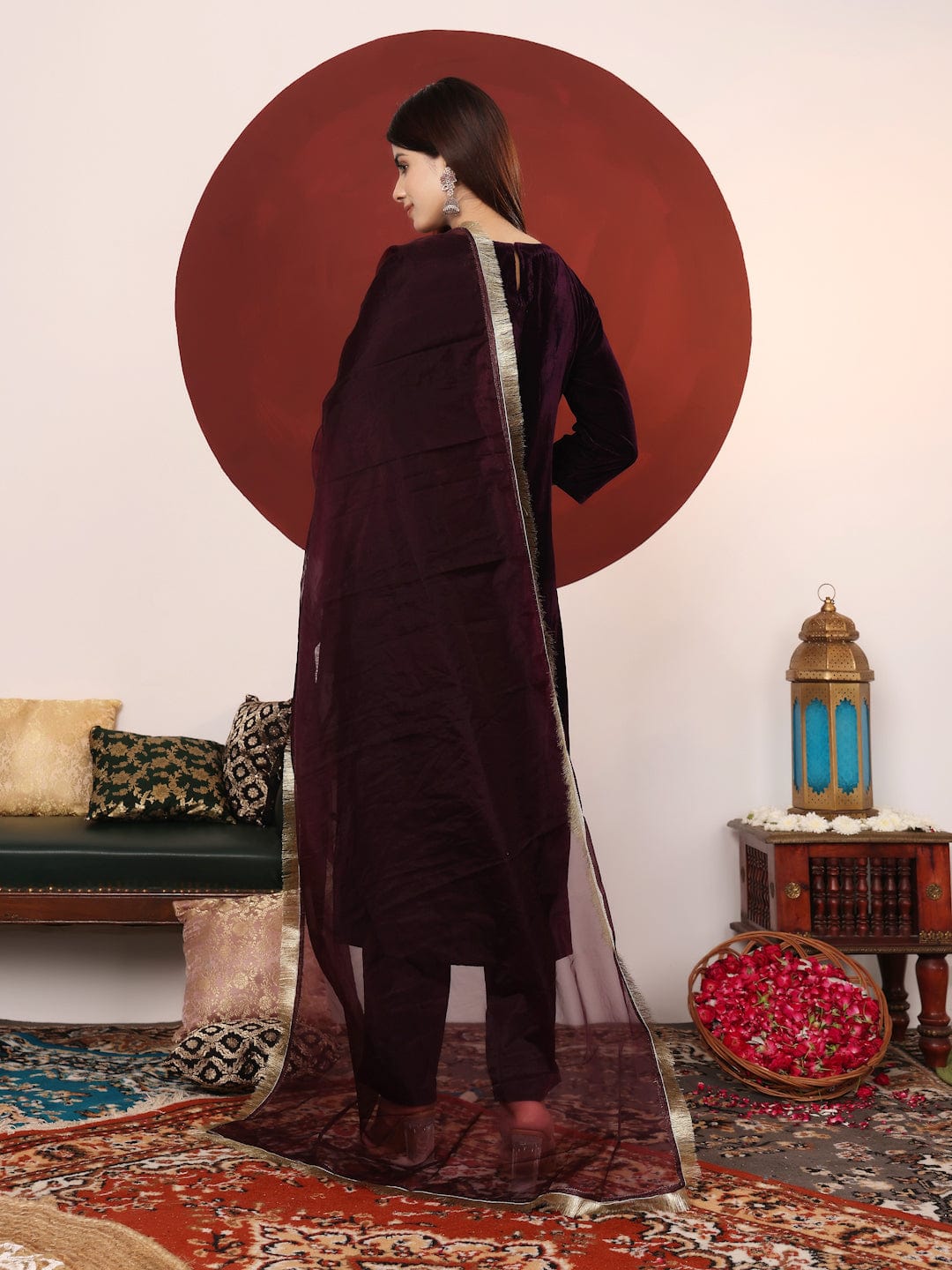The Kurti Collection Women V Neck Lace Detailed Velvet Kurta With Tonal Bottom And Dupatta.