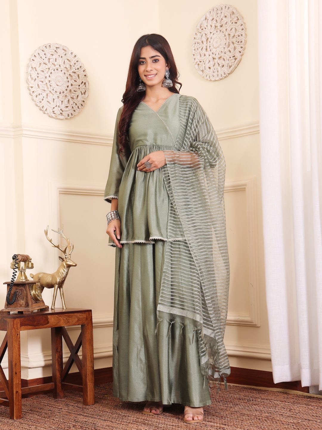 The Kurti Collection Women Angrakha Lace Detailed Peplum Kurta Paired With Sharara And Dupatta.