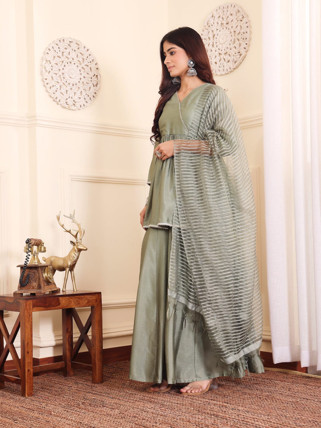 The Kurti Collection Women Angrakha Lace Detailed Peplum Kurta Paired With Sharara And Dupatta.