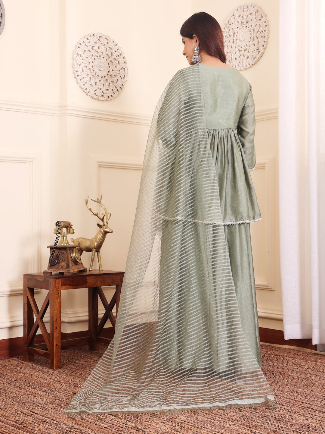The Kurti Collection Women Angrakha Lace Detailed Peplum Kurta Paired With Sharara And Dupatta.