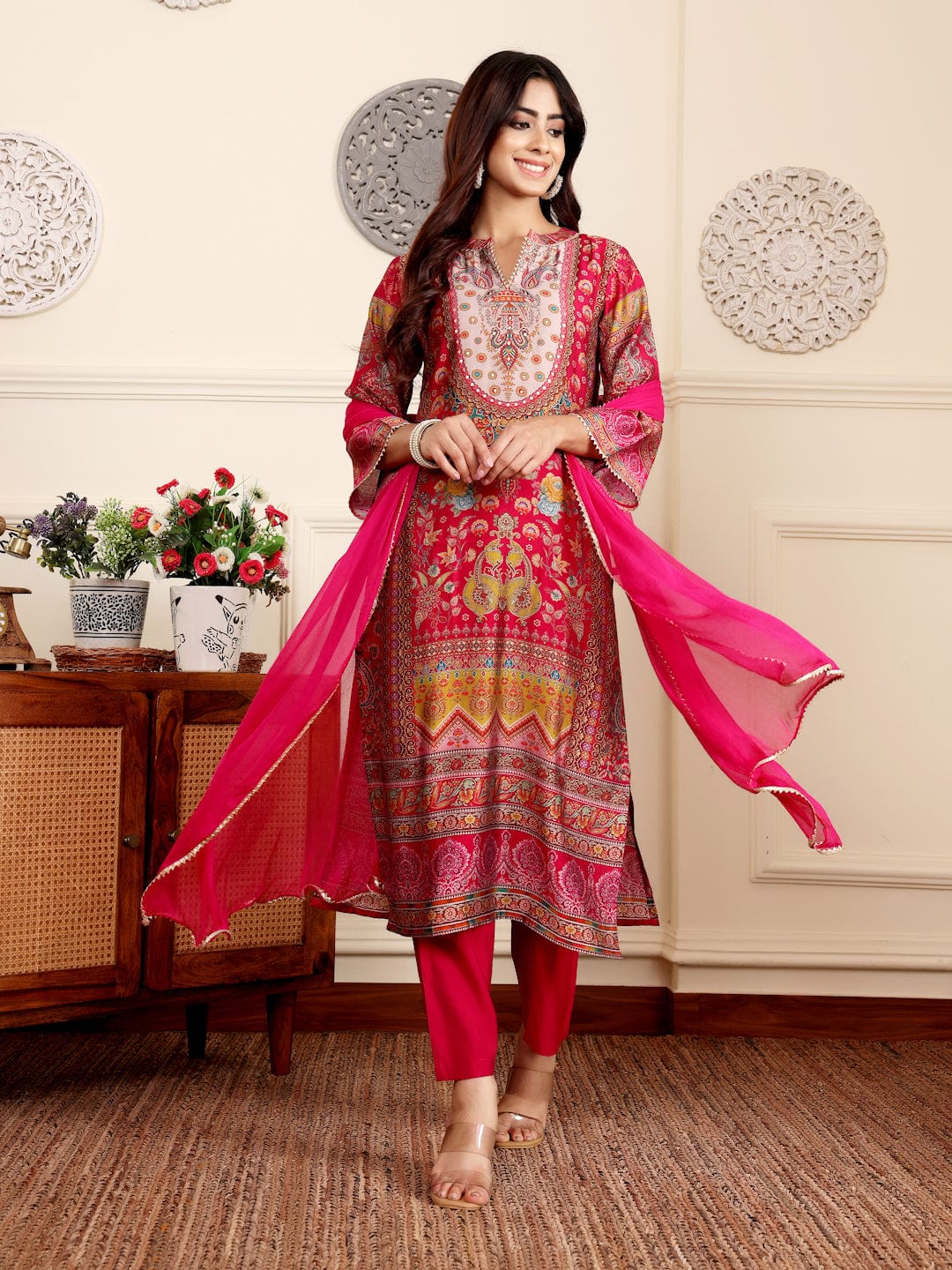 The Kurti Collection Women Pink Ethnic Floral Printed Gota Embellished Flared Sleeve Kurta With Solid Trouser. And Dupatta