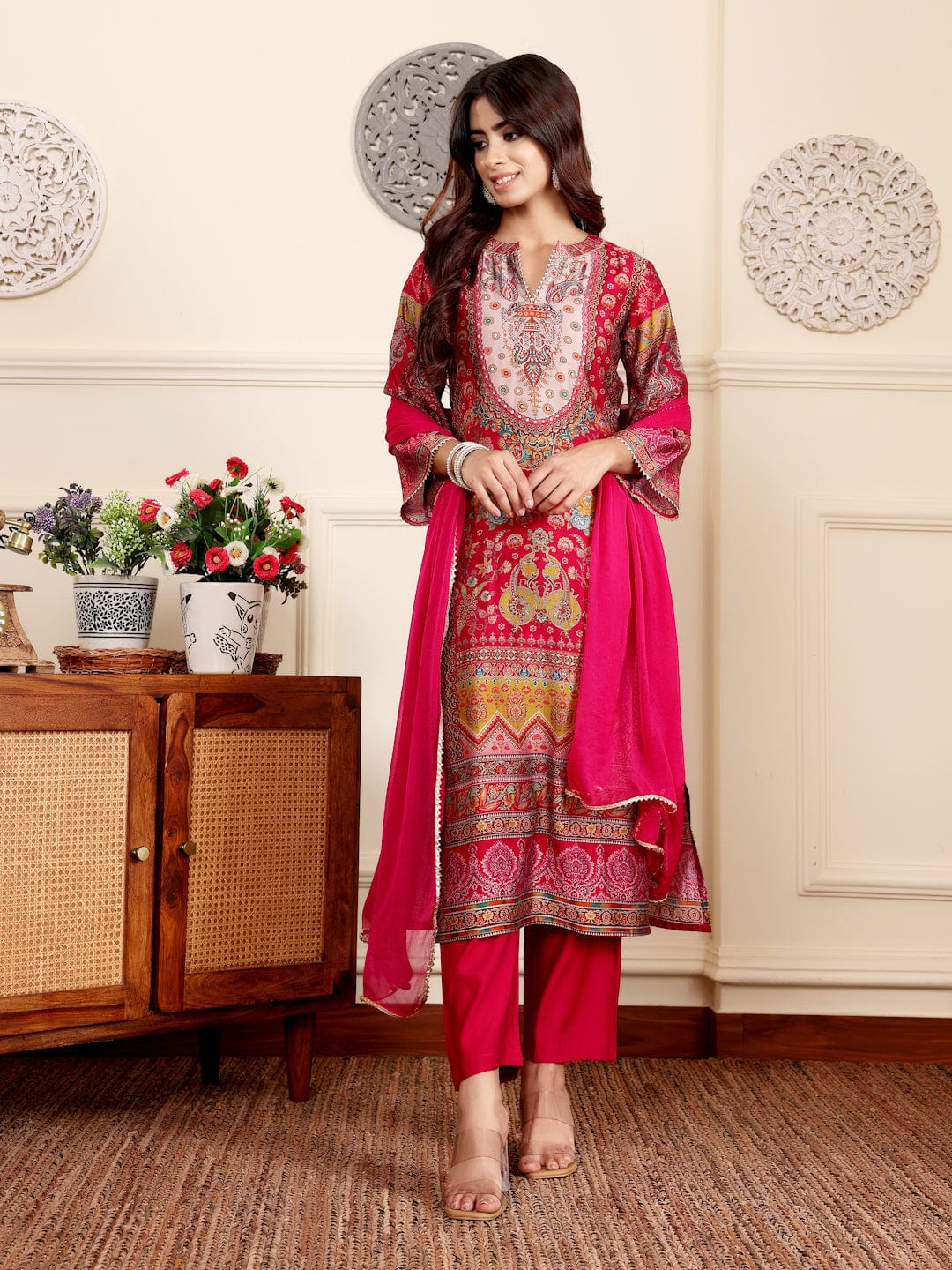 The Kurti Collection Women Pink Ethnic Floral Printed Gota Embellished Flared Sleeve Kurta With Solid Trouser. And Dupatta