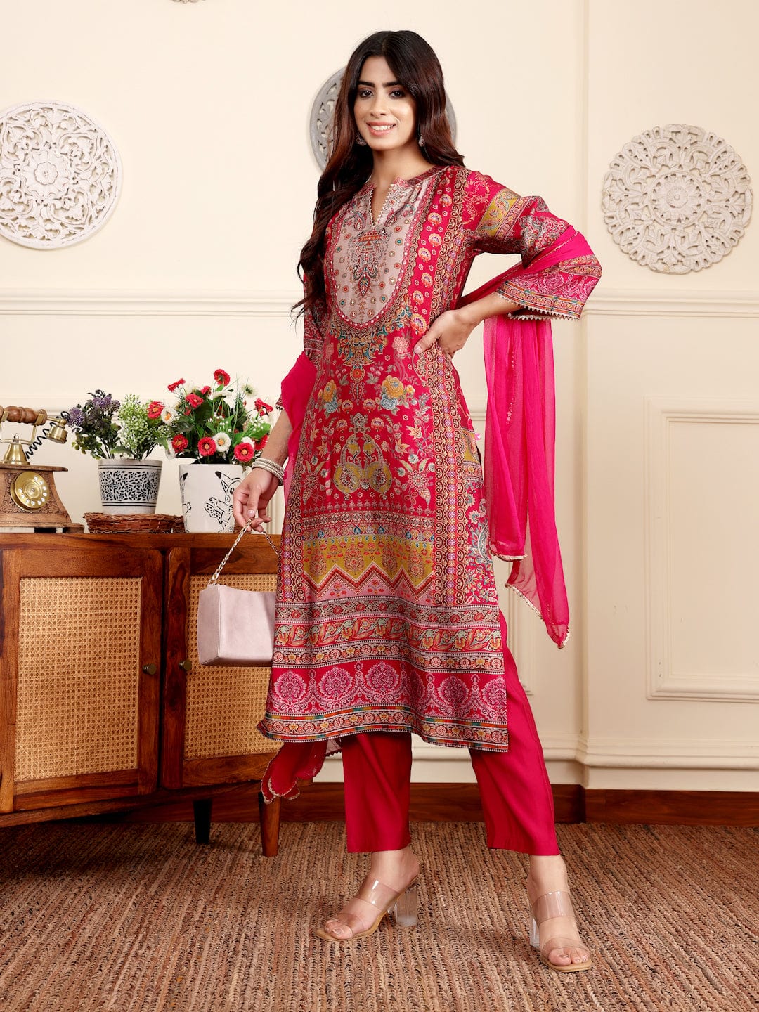 The Kurti Collection Women Pink Ethnic Floral Printed Gota Embellished Flared Sleeve Kurta With Solid Trouser. And Dupatta