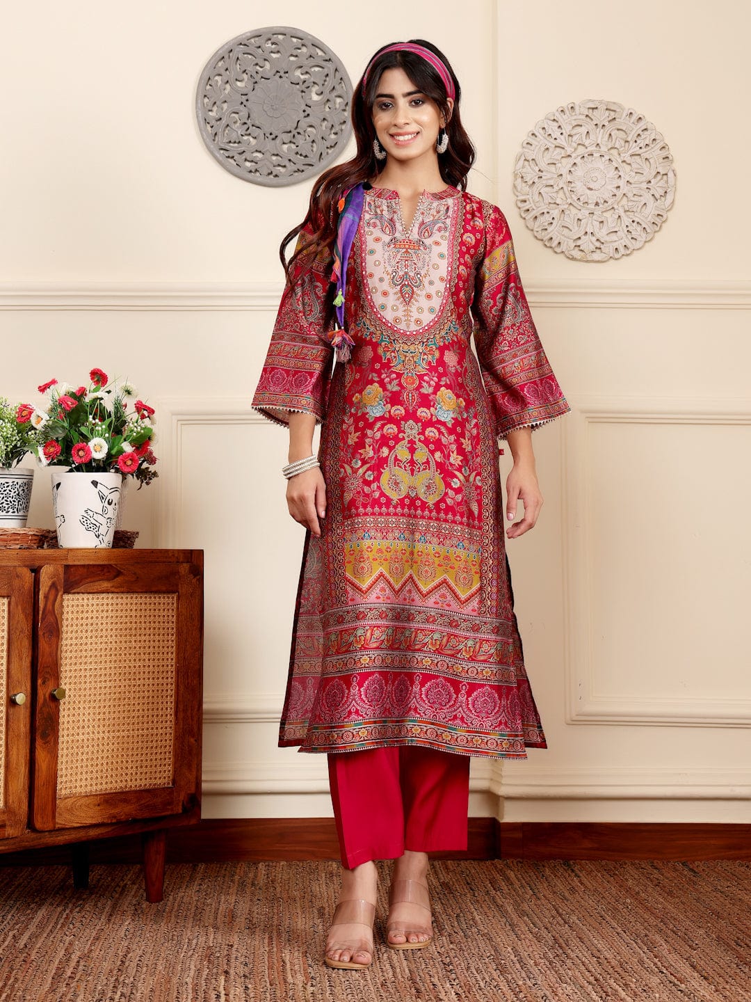 The Kurti Collection Women Pink Ethnic Floral Printed Gota Embellished Flared Sleeve Kurta With Solid Trouser. And Dupatta