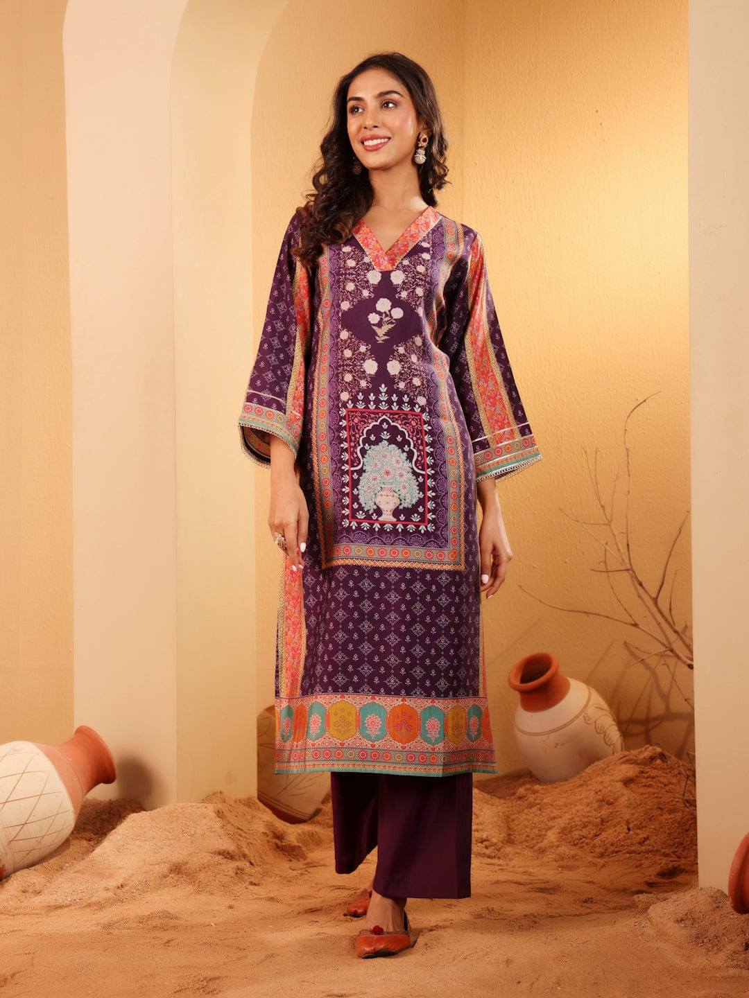 The Kurti Collection Women Purple Ethnic Printed Gota Lace Detailed Kurta With Solid Trouser & Printed Dupatta