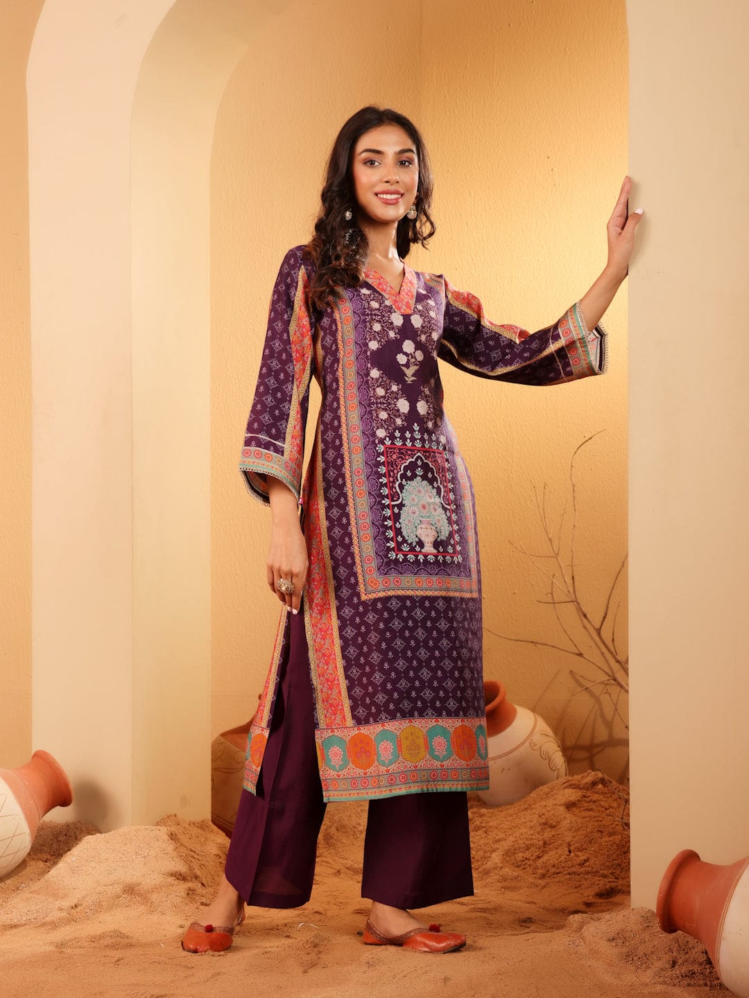 The Kurti Collection Women Purple Ethnic Printed Gota Lace Detailed Kurta With Solid Trouser & Printed Dupatta