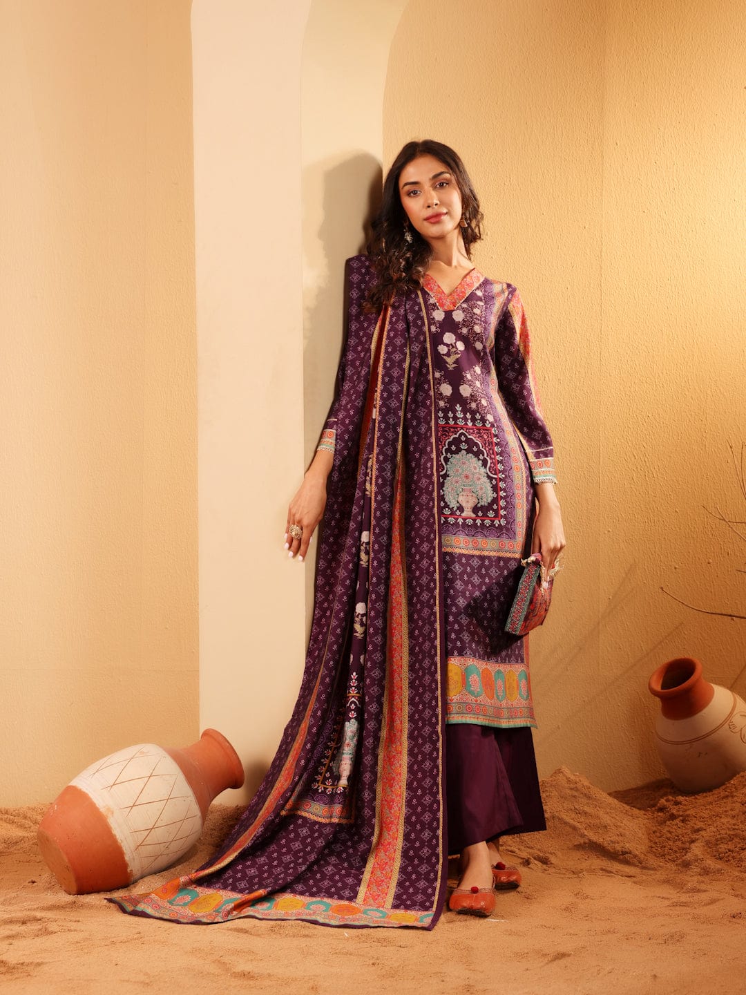 The Kurti Collection Women Purple Ethnic Printed Gota Lace Detailed Kurta With Solid Trouser & Printed Dupatta
