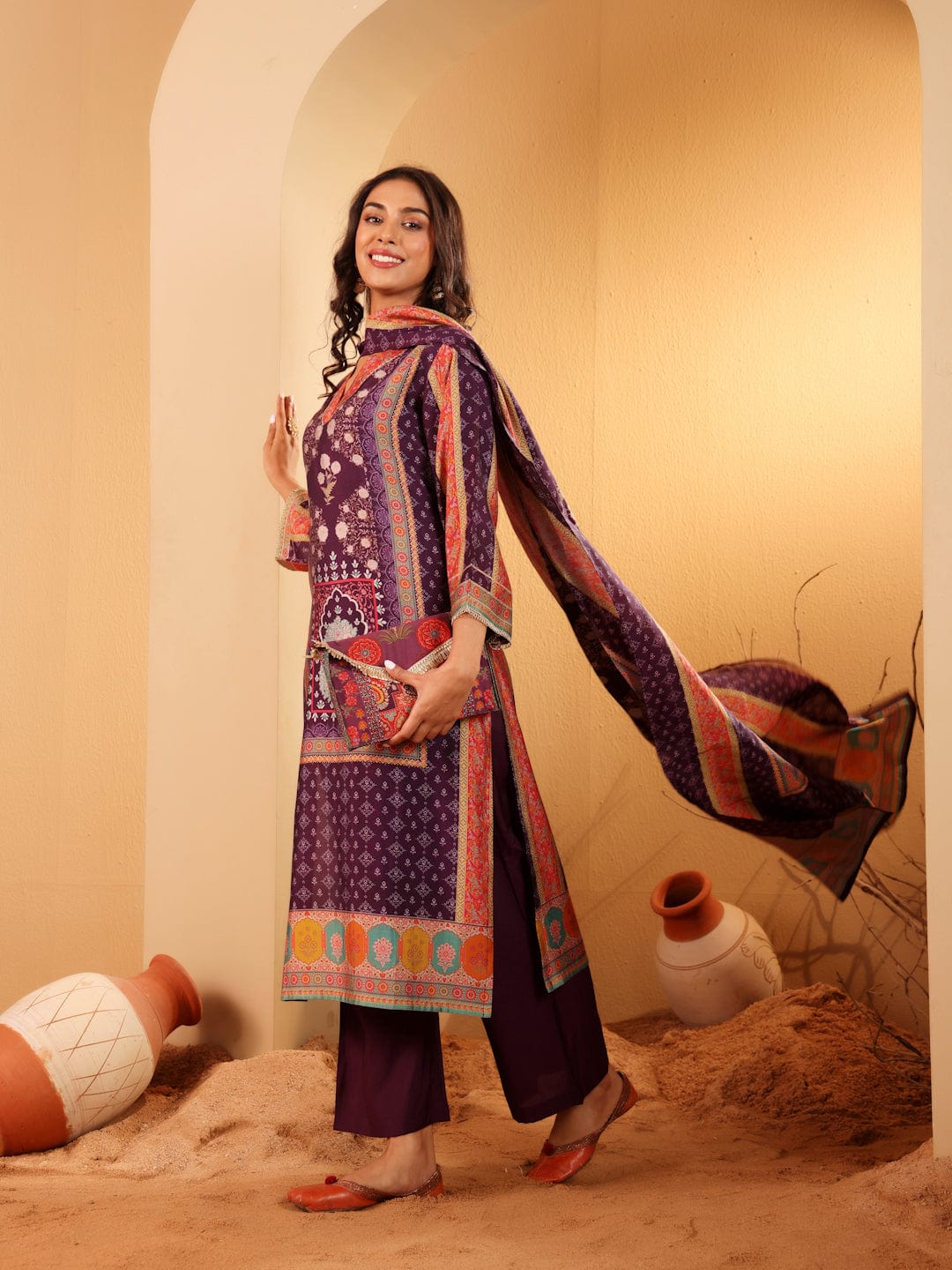 The Kurti Collection Women Purple Ethnic Printed Gota Lace Detailed Kurta With Solid Trouser & Printed Dupatta