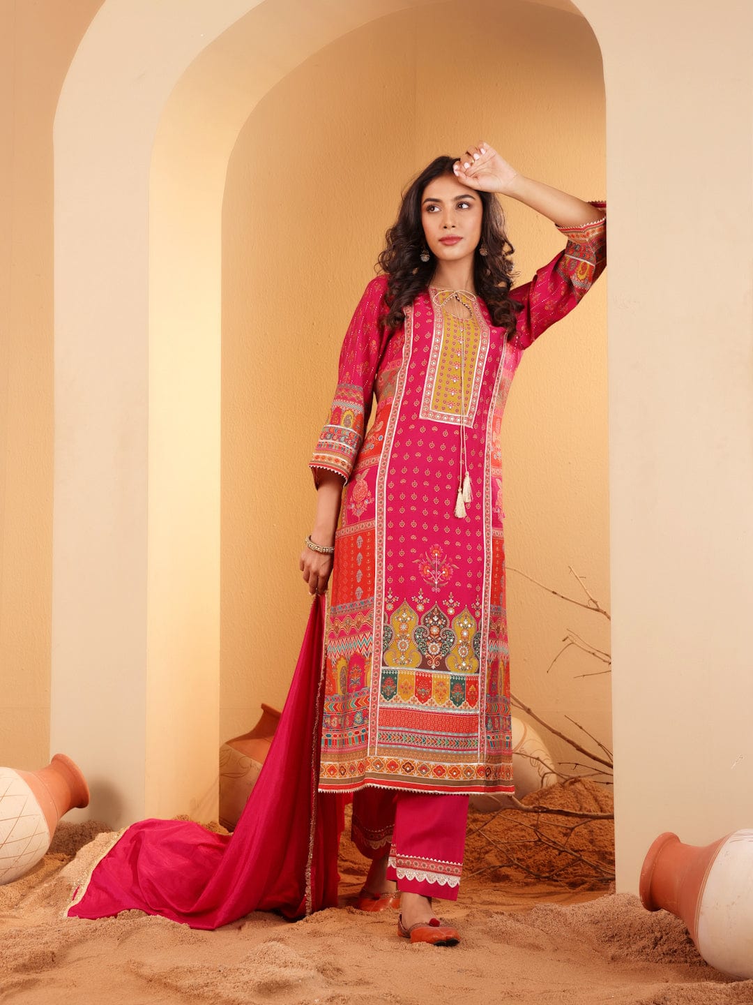 The Kurti Collection Women Fuschia Pink Ethnic Printed Straight Kurta With Embroidered Trouser
