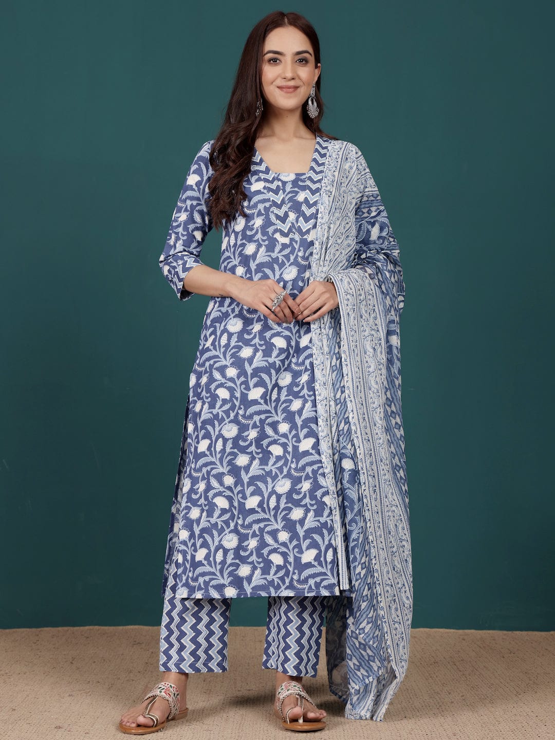 The Kurti Collection Women Ethnic Floral Printed V Neck Straight Kurta With Trouser & Dupatta