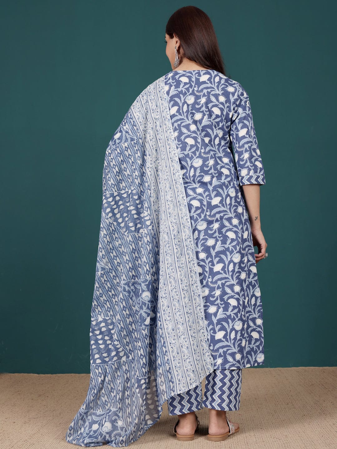 The Kurti Collection Women Ethnic Floral Printed V Neck Straight Kurta With Trouser & Dupatta